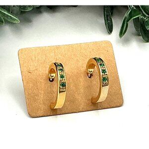 Gold-Tone Hoop Earrings With Green Gemstone Accents